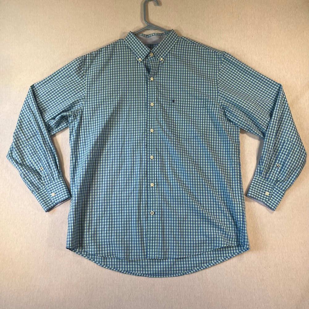 IZOD Premium Essentials Shirt Mens L Gingham Button Down Blue Green Lightweight